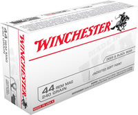 Winchester USA Pistol Ammunition Q4240, 44 Remington Mag, Jacketed Soft Point (SP), 240 GR, 1180 fps, 50 Rd/bx