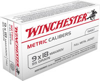 Winchester Metric Caliber Pistol Ammunition MC918M, 9x18mm (9mm Makarov), Full Metal Jacket (FMJ), 95 GR, 1017 fps, 50 Rd/bx