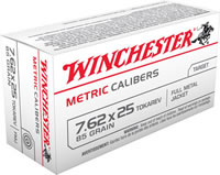 Winchester Metric Caliber Pistol Ammunition MC762TOK, 7.62x25mm Tokarev, Full Metal Jacket (FMJ), 85 GR, 1645 fps, 50 Rd/bx