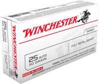 Winchester USA Pistol Ammunition Q4203, 25 ACP, Full Metal Jacket (FMJ), 50 GR, 760 fps, 50 Rd/bx