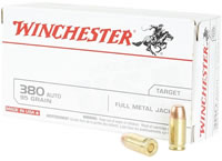 Winchester USA Pistol Ammunition Q4206, 380 ACP, Full Metal Jacket (FMJ), 95 GR, 955 fps, 50 Rd/bx