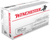 Winchester USA Pistol Ammunition Q4204, 357 Magnum, Jacketed Hollow Point (JHP), 110 GR, 1295 fps, 50 Rd/bx