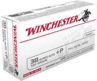 Winchester USA Pistol Ammunition Q4205, 38 Super Auto +P, Full Metal Jacket (FMJ), 130 GR, 1215 fps, 50 Rd/bx