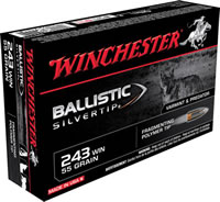 Winchester Supreme Rifle Ammunition SBST243, 243 Winchester, Ballistic Silvertip, 55 GR, 3910 fps, 20 Rd/bx