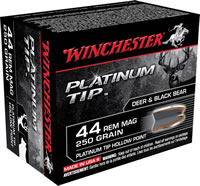 Winchester Supreme Pistol Ammunition S44PTHP, 44 Remington Mag, Platinum Tip Hollow Point (HP), 250 GR, 1250 fps, 20 Rd/bx