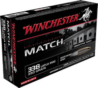 Winchester Match Rifle Ammunition S338LM, 338 Lapua Magnum, Boat Tail Hollow Point (HP), 250 GR, 20 Rd/bx