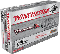 Winchester Varmint X Rifle Ammunition X243P, 243 Winchester, Varmint, 58 GR, 20 Rd/bx