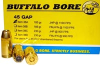 Buffalo Bore Handgun Ammunition 38A/20, 45 GAP, Jacketed Hollow Point (JHP), 185 GR, 1100 fps, 20 Rd/bx