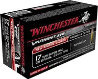 Winchester Varmint High Velocity Rimfire Ammunition S17W25, 17 Winchester Super Magnum, V-Max, 25 GR, 2600 fps, 50 Rd/bx