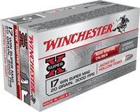 Winchester Super-X Rimfire Ammunition X17W20, 17 Winchester Super Mag, Jacketed Hollow Point (JHP), 20 GR, 3000 fps, 50 Rd/bx