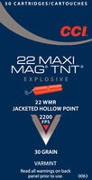 CCI Maxi-Mag TNT Varmint Rimfire Ammunition 0063, 22 Magnum (WMR), Jacketed Hollow Point (JHP), 30 GR, 2200 fps, 50 Rd/bx