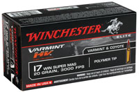 Winchester Varmint High Velocity Rimfire Ammunition S17W20, 17 Winchester Super Magnum, V-Max, 20 GR, 3000 fps, 50 Rd/bx