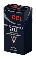 CCI Quiet SubSonic Rimfire Ammunition 970, 22 Long Rifle, Segmented Hollow Point (HP), 40 GR, 710 fps, 50 Rd/bx