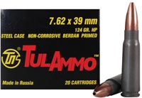 Tulammo Rifle Ammunition UL076204, 7.62mm X 39mm, Hollow Point (HP), 124 GR, 20 Rd/bx