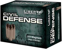 Liberty Civil Defense Pistol Ammunition LACD357030, 357 Magnum, Hollow Point, 50 GR, 2100 fps, 20 Rd/bx