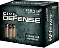 Liberty Civil Defense Ammunition LACD45031, 45 Long Colt, Hollow Point, 78 GR, 1800 fps, 20 Rd/bx