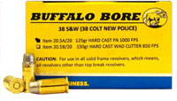 Buffalo Bore Handgun Ammunition 20.5A/20, 38 S&W, Hard Cast Flat Nose, 125 GR, 1050 fps, 20 Rd/bx