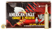 Federal American Eagle Varmint & Predator Rifle Ammunition AE24375VP, 243 Winchester, JHP, 75 GR, 3375 fps, 40 Rd/bx