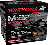 Winchester M-22 Subsonic Rimfire Ammunition S22LRTSU8, 22 Long Rifle, Blackened Plated Lead Round Nose (RN), 45 GR, 1090 fps, 800 Rds/Bx