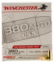 Winchester USA Pistol Ammunition USA380W, 380 ACP, Full Metal Jacket, 95 GR, 955 fps, 200 Rd/Bx