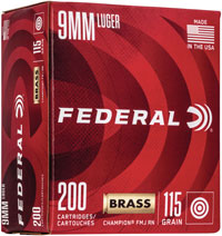 Federal Champion Pistol Ammunition WM51992, 9mm, Full Metal Jacket (FMJ), 115 GR, 1125 fps, 200 Rd/bx