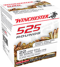 Winchester USA Rimfire Ammunition 22LR525HP, 22 Long Rifle, Copper Plated Hollow Point (HP), 36 GR, 1280 fps, 525 Rd/Bx