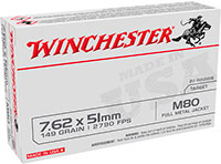 Winchester USA Rifle Ammunition WM80, 7.62x51mm NATO, Full Metal Jacket (FMJ), 149 gr, 2790 fps, 20 Rd/Bx