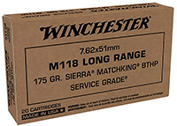 Winchester M118 Long Range Military Rifle Ammunition SGM118LRW, 7.62x51mm NATO, Sierra Matchking BTHP, 175 GR, 2620 fps, 20 Rd/bx