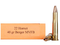 HSM Varmint Gold Rifle Ammunition 22H40MVFB, 22 Hornet, Berger Match Varmint Flat Base, 40 GR, 2800 fps, 20 Rd/bx