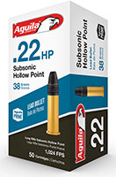 Aguila Subsonic Rimfire Ammuniton 1B220268, 22 Long Rifle, Hollow Point, 38 GR, 1024 fps, 50 Rd/bx