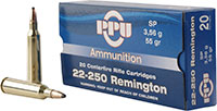 PPU Standard Big Game Rifle Ammunition PP22250, 22-250 Remington, Soft Point (SP), 55 GR, 3680 fps, 20 Rd/bx