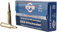 Prvi Partizan Rifle Ammunition PP2431, 243 Winchester,  Soft Point (SP), 90 GR, 3100 fps, 20 Rd/bx