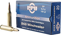 PPU Standard Big Game Rifle Ammunition PP2432, 243 Winchester, Soft Point (SP), 100 GR, 2960 fps, 20 Rd/Bx