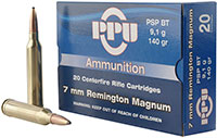 Prvi Partizan Rifle Ammunition PP7RM1, 7MM Rem Mag, Pointed Soft Point Boat-tail, 140 GR, 3110 fps, 20 Rd/bx