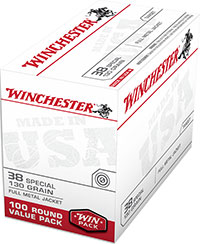 Winchester USA Pistol Ammunition USA38SPVP, 38 Special, Full Metal Jacket (FMJ), 130 GR, 800 fps, 100 Rd/bx