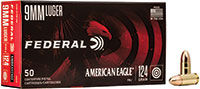 Federal American Eagle Pistol Ammunition AE9AP, 9mm, Full Metal Jacket (FMJ), 124 GR, 1150 fps, 50 Rd/bx