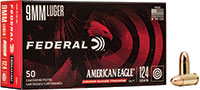 Federal American Eagle Pistol Ammunition AE9DP, 9mm, Full Metal Jacket (FMJ), 115 GR, 1160 fps, 50 Rd/bx