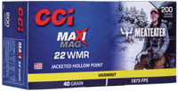 CCI Meat Eater Maxi-Mag Rimfire Ammunition 958ME, 22 Magnum (WMR), Jacketed Hollow Point (JHP), 40 GR, 1875 fps, 200 Rd/bx