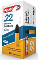 Aguila Subsonic Rifle Ammunition 1B222269, 22 Long Rifle,  Round Nose (RN), 40 GR, 1025 fps, 50 Rd/bx