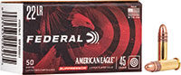 Federal American Eagle Suppressor Rimfire Ammunition AE22SUP1, 22 Long Rifle, Copper Plated Round Nose (CPRN), 45 GR, 970 fps, 50 Rd/bx