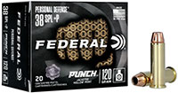 Federal Premium Punch Pistol Ammunition PD38P1, 38 Special, Jacketed Hollow Point (JHP), 120 gr, 1000 fps, 20 Rd/Bx