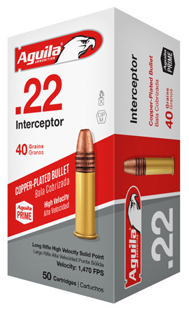 Aguila Special Interceptor Rimfire Ammunition 1B220320, 22 LR, Copper-Plated Solid Point, 40 gr, 1470 fps, 50 Rds/Bx