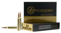 Weatherby Select Plus Rifle Ammunition M28NS163HCB, 28 Nosler, Hammer Custom, 163 gr, 3175 fps, 20 Rd/Bx