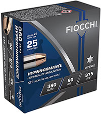 Fiocchi Hyperformance Handgun Ammunition 380XTP25, 380 ACP, XTP Hollow Point (HP), 90 GR, 1000 fps, 25 Rd/bx