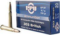 PPU Standard Rifle Ammunition PP303S1, 303 British, Soft Point Boat Tail, 150 GR, 2690 fps, 20 Rds/bx