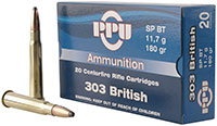 PPU Standard Rifle Ammunition PP303S2, 303 British, Soft Point Boat Tail, 180 GR, 2460 fps, 20 Rds/bx