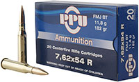 Prvi Partizan Rifle Ammunition PP76254F, 7.62x54R, Full Metal Jacket Boat Tail (FMJBT), 182 GR, 2625 fps, 20 Rds/Bx